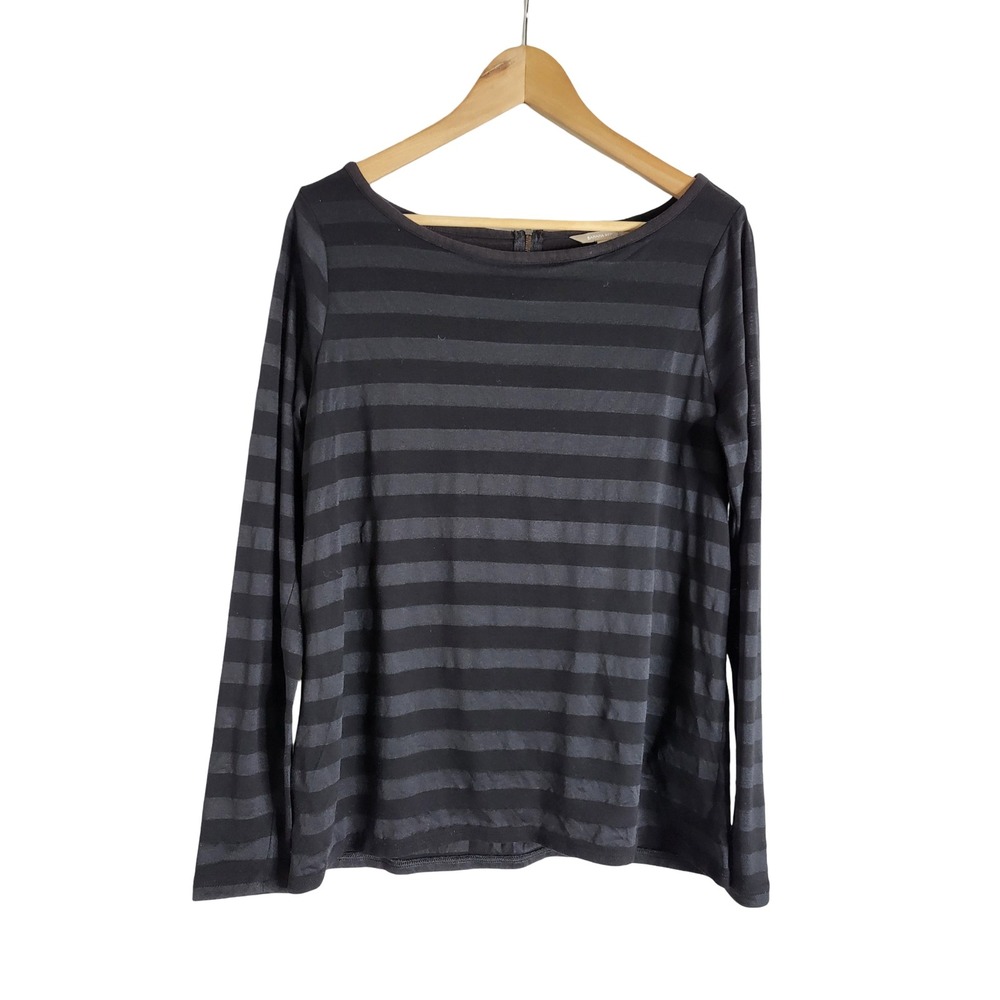 Banana Republic Womens Black Grey Striped Boat Neck Back Zip Top L Goth Grunge